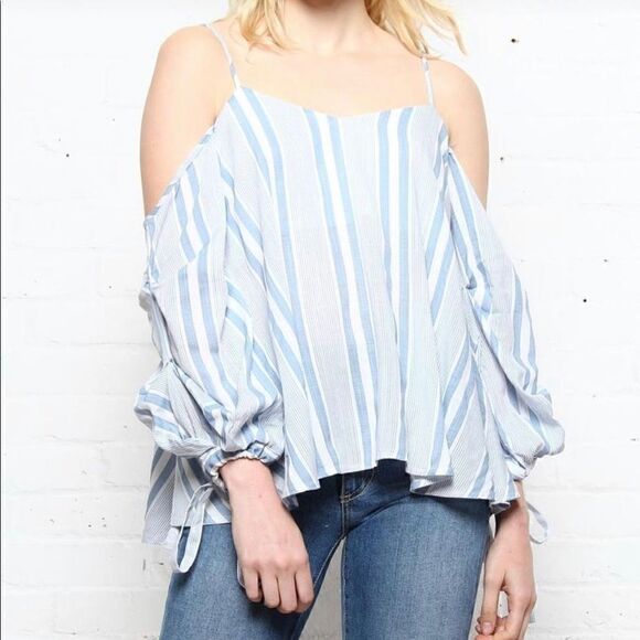 She + Sky Vertical Striped Cold Shoulder Top - Picture 1 of 6